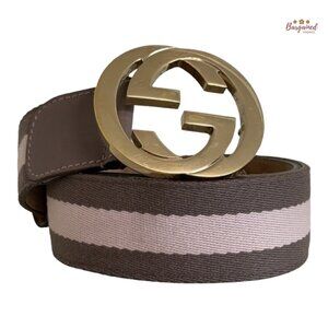 Authentic Gucci Taupe/Pink Web Leather Gold Interlocking G Buckle Belt 80/32